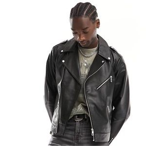ASOS - Black Leather Motorcycle Jacket, Men’s 4XL (2XL)